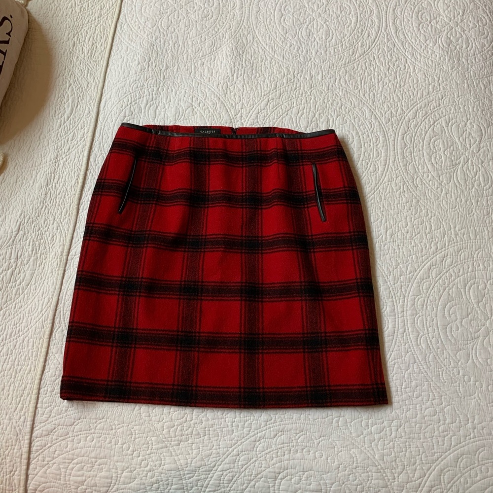 Talbots wool blend red and black plaid skirt